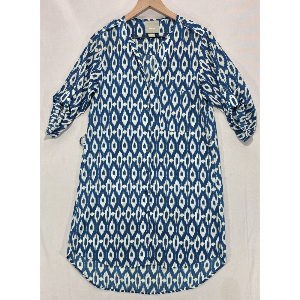 Anthropologie Maeve Tunic Dress Size S Blue White Ikat Print Boho Coastal Resort